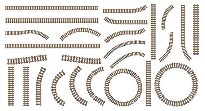 Set of various train track segments with straight and curved rails for building customized railway paths on a white background.