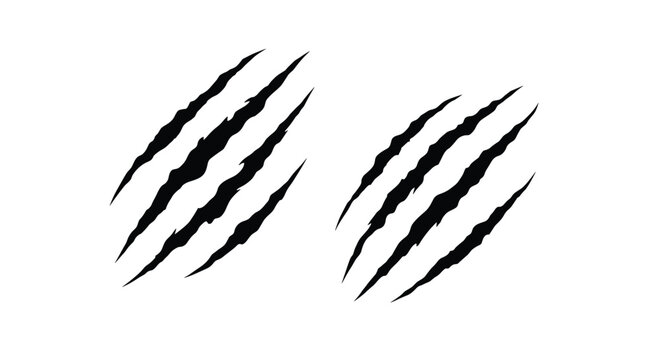 Black claw marks and sharp animal scratches on a white background representing predatory attacks or powerful beast strikes for design.