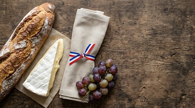Traditional french snacks with baguette brie and grapes on wood