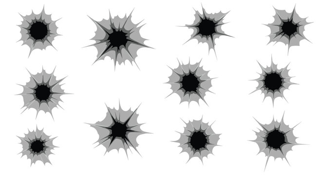 Set of bullet hole impacts and shattered glass effects on a white background for action scenes, crime themes, or target practice design.