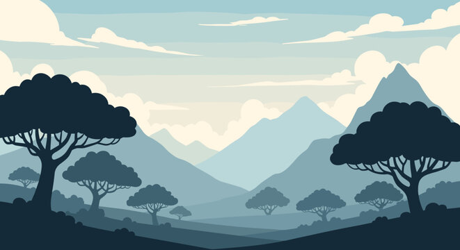 Scenic landscape illustration featuring silhouettes of mountain ranges and savanna trees under a vast, layered morning sky.