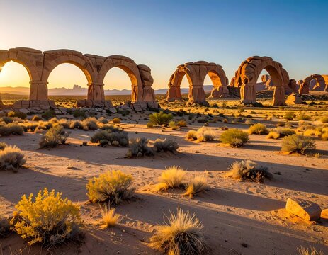 Ancient stone colonnades stretch across the barren, sandy plains, illuminated by the intense, amber glow of the setting sun.