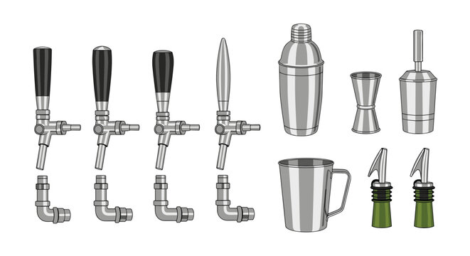 Selection of professional bar tools including beer taps shakers jiggers and pourers for cocktail preparation and beverage service equipment.