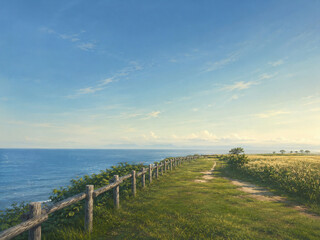 Fototapeta premium Quiet Coastal Path Under Open Sky, Cinematic Seaside Landscape