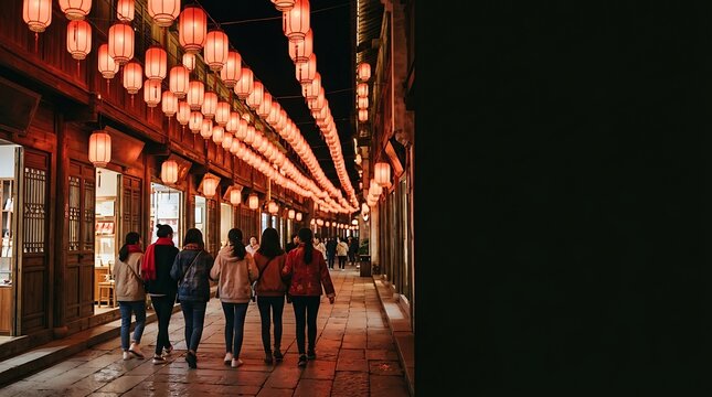 Tourists walk under glowing red lanterns in a traditional street