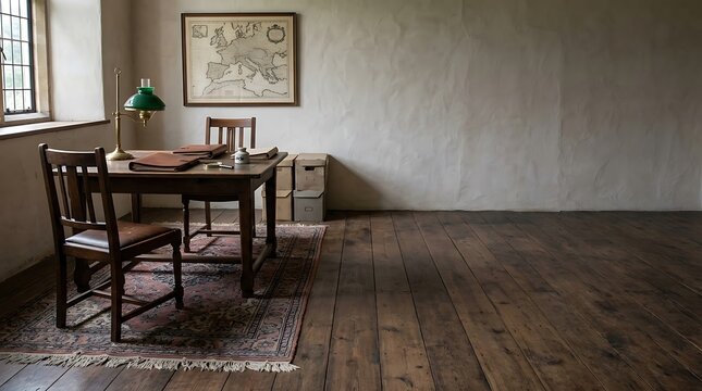 Vintage study room with wooden desk and antique map of europe