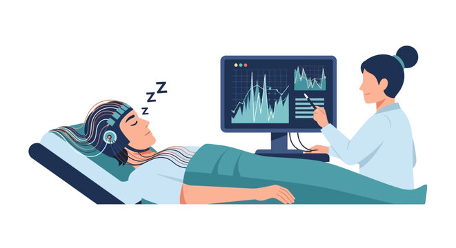 Patient Undergoing Sleep Study with EEG Electrodes while Doctor Monitors Brain Waves on Digital Screen Illustration