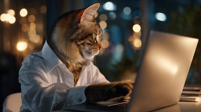 Cats in white shirts use laptops at night