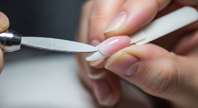 Close-up of a nail technician filing a clients artificial nail.