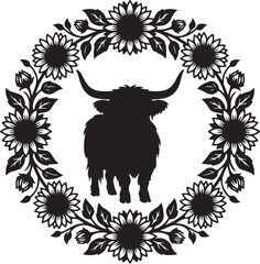 Black bull silhouette, floral wreath, sunflowers, vector icon, animal illustration, decorative design © Sobur