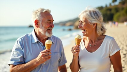 Fototapeta premium Smiling senior couple enjoying ice cream while walking along a sunny beach. Happy elderly man and woman spending quality time together during retirement, celebrating love, companionship, healthy aging
