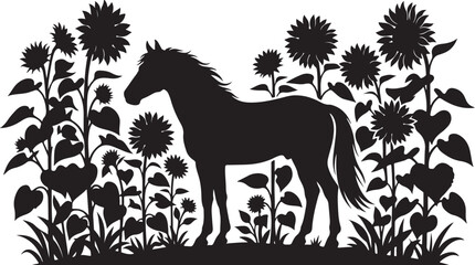 Black horse silhouette, floral garden, sunflowers, vector icon, animal illustration, decorative design © Sobur