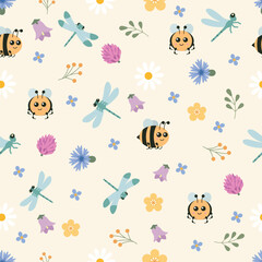Obraz premium Seamless pattern with cartoon bees, dragonflies, and wildflowers on a light beige background. Repeating spring meadow design for nursery textiles, wallpaper, fabric, and wrapping paper.