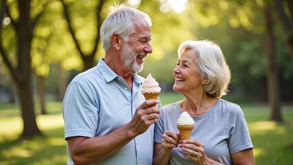 Naklejka premium Happy senior couple enjoying ice cream together during warm summer day in green park. Smiling elderly man and woman spending quality time outdoors, celebrating active retirement, healthy aging concept
