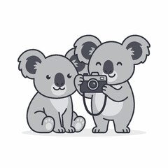 Naklejka premium Cute cartoon koalas taking a photo with a vintage camera vector illustration.