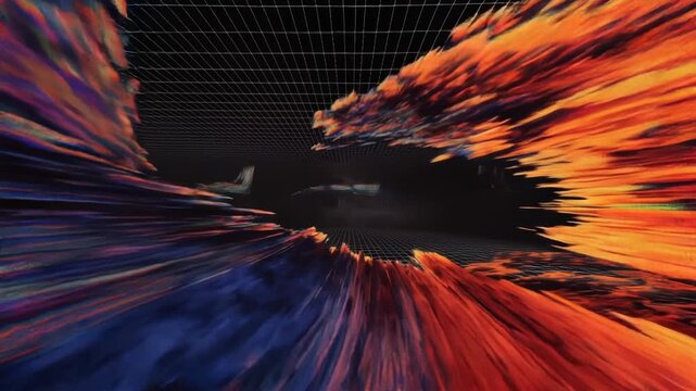Abstract digital canyon forms in surreal iridescent motion through a dark grid landscape, cinematic exploration
