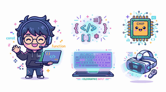 Cute cartoon programmer boy and technology icon set featuring coding symbols computer chip and vr headset.