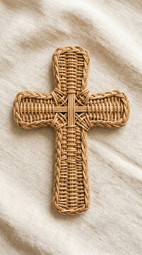 Croix chr&eacute;tienne artisanale en osier tress&eacute; sur tissu beige