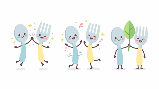Cute cartoon spoon and fork characters dancing high fiving and holding a leaf vector illustration.