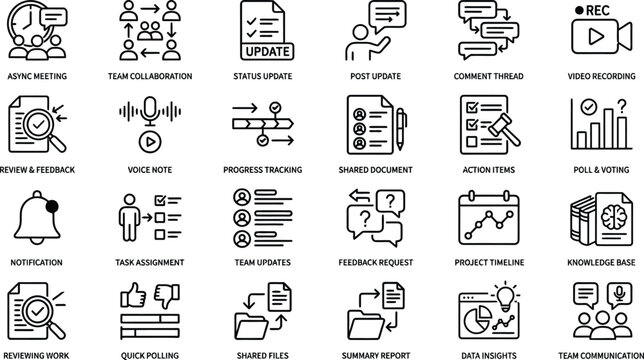 Vector line icon set of asynchronous remote work software tools corporate communication features project collaboration layout symbols and digital workflow elements