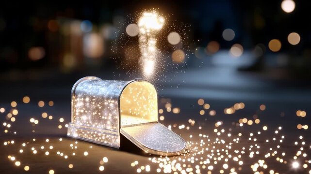 Heart-shaped sparkles emerge from an open mailbox