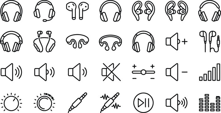 Vector line icon set of audio devices headphones hardware sound speaker adjustments audio jack cables media player control and equalizer level symbols