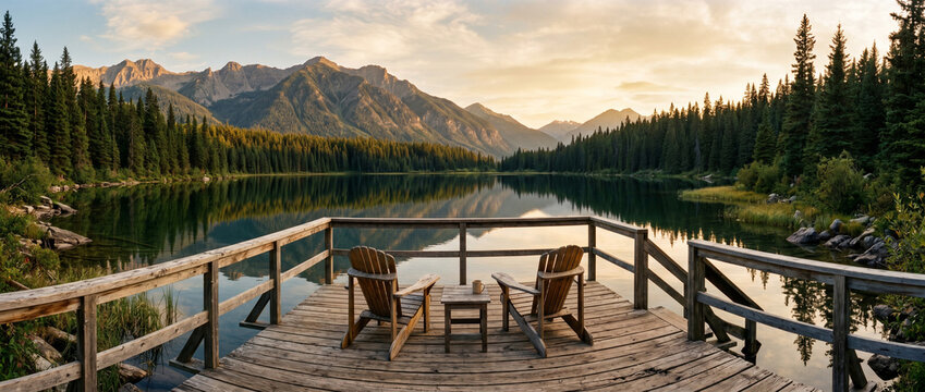 Deux chaises en bois sur un ponton surplombant un lac de montagne calme