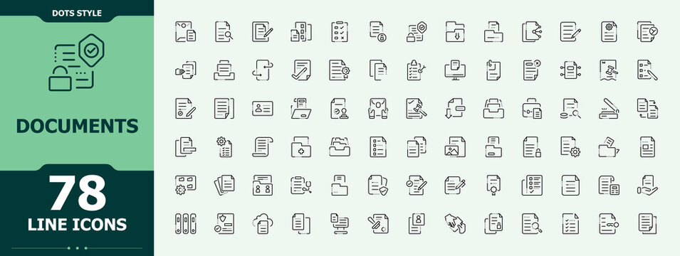 Documents linear icon set. Contains such icons as pad, copy, contract, folio, note and more. Note icon set. Thin line icons set. Art and illustration.