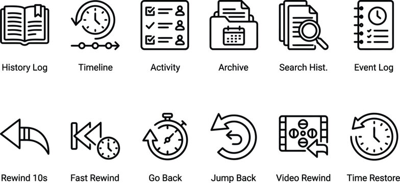 Vector line icon set of system history logs data timeline tracking media backup controls interface navigation symbols and archive recovery layout elements