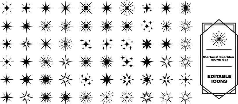 Set of black starbursts and sparkles on white background, simple icons for design.set of black silhouettes of stars.black starburst sparkles for design.