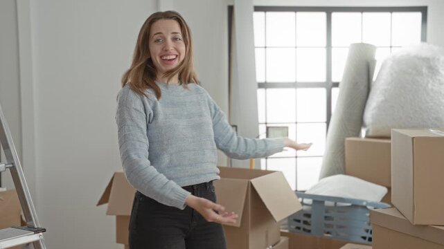Woman smiling and holding a cardboard box with hand extended amid stacked moving boxes in a building; joy new start.