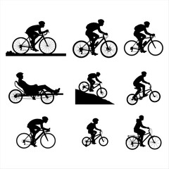 Fototapeta premium Silhouettes of people riding bicycles and tricycles in various poses