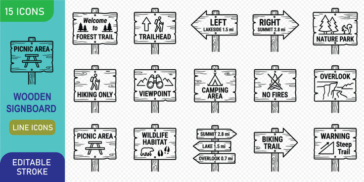 Collection of editable wooden signboard line icons for various outdoor activities and trails, including hiking, biking, and skiing, in a vector EPS format.