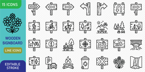 Collection of 15 editable wooden signboard line icons in various themes, including nature, travel, and lifestyle, for design and branding purposes. © Sumon