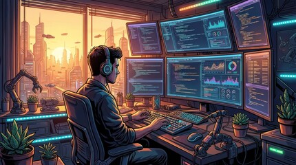 Obraz premium Programmer working on multiple screens in a futuristic office with city view.