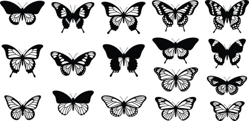 Butterfly Silhouette Collection Featuring Elegant Insect Wings Nature Inspired Decorative Shapes and Flying Wildlife Vector Illustrations © Mimi