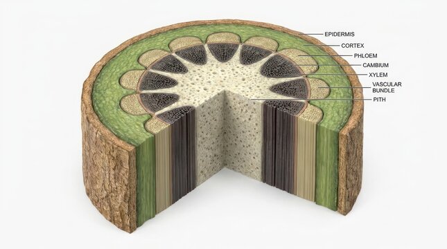 Detailed Cross-Section of a Plant Stem Illustrating Internal Structures and Layers.