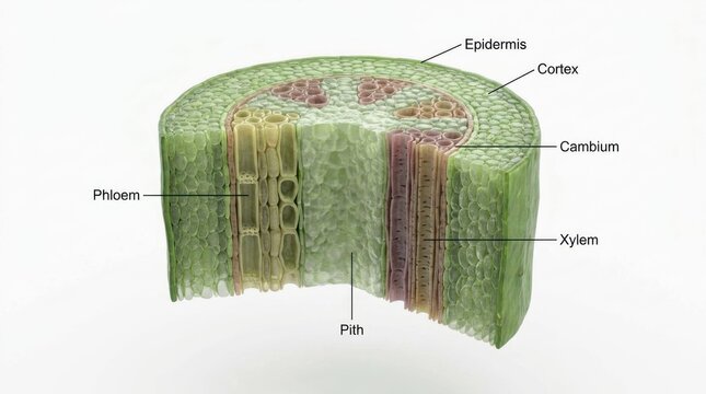 Detailed Cross-Section of a Plant Stem Illustrating Internal Structures.