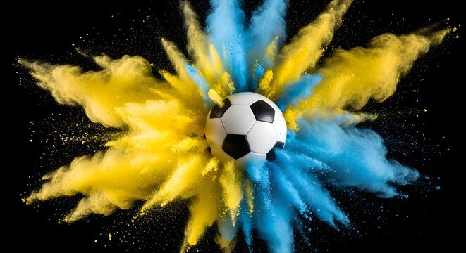 Soccer ball surrounded by exploding yellow and blue powder against black background perfect for sports marketing and dynamic football imagery
