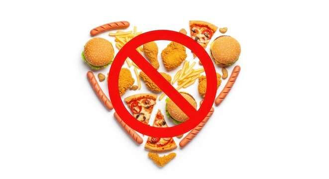 Heart-shaped arrangement of fast food items with a red no symbol over it, symbolizing a ban on unhealthy eating.