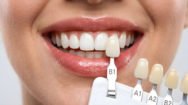 Teeth Whitening Shade Guide with B1 A1 A2 and B2 Comparison Close Up Cosmetic Dentistry Concept