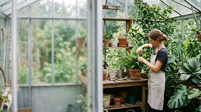 Woman pruning plants in a lush sunlit greenhouse