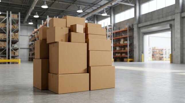 Stack of cardboard boxes in a large empty warehouse ready for shipping.
