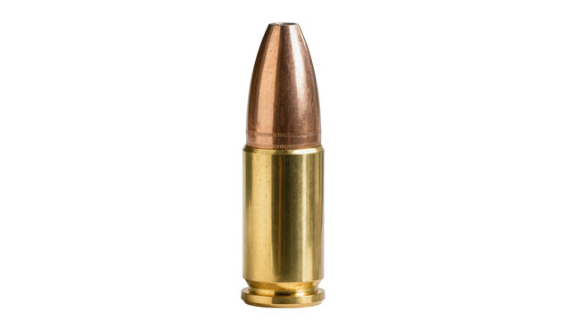 Golden brass cartridge with copper bullet tip, isolated on transparent background