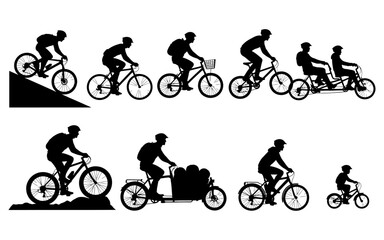 Obraz premium Family cycling adventure with children and cargo bikes on urban slope in minimalist black and white style