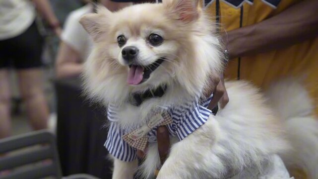 Cute cream Pomeranian dog wearing a blue striped outfit and bow tie, held by its owner at a pet event, happy animal lifestyle footage with soft background blur.