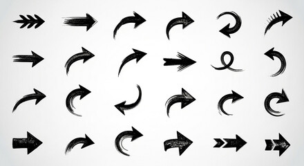 Fototapeta premium Collection of hand drawn brush stroke arrows and navigation symbols with direction illustration collection artistic navigation