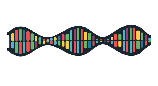 Abstract DNA Helix Audio Waveform Illustration with Colorful Data Visualization Bars on White Background