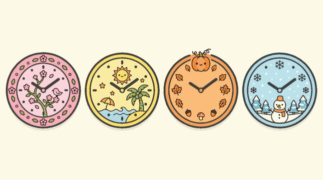 Four cute cartoon clocks representing the four seasons spring summer autumn and winter.