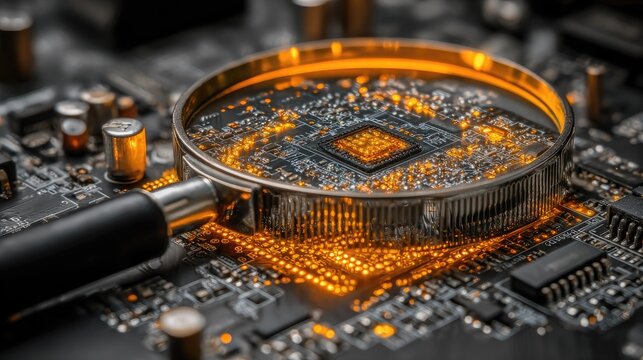 Magnified computer chip on circuit board